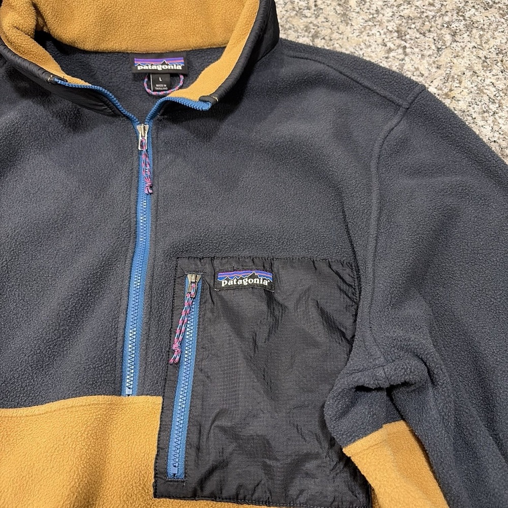 Patagonia Fleece Pullover Mens Large Grey Tan Colorblock 1/2 Zip Sweater Jacket⁠